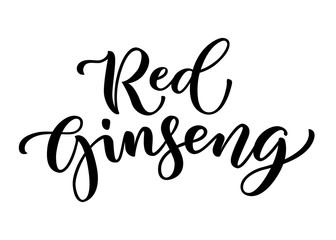 Fototapeta na wymiar Red ginseng hand lettering word. Korean root name. Text logo isolated on white background. Modern brush calligraphy Vector illustration. Design for cosmetic, medicine, herbal tea.
