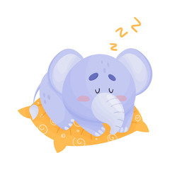 Funny Cartoon Elephant Sleeping on the Pillow Vector Illustration