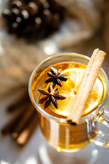 Hot winter drink with cinnamon and lemon on bright sunny day