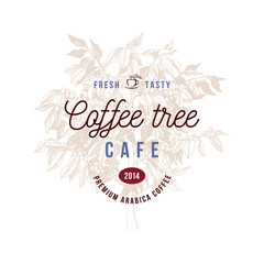 Coffee tree cafe label over hand drawn coffee tree
