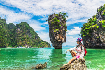 Traveler woman joy amazed wonder nature scenic landscape James Bond Island, Famous popular landmark tourist travel Phuket Thailand summer holiday vacation, Tourism beautiful destination place Asia