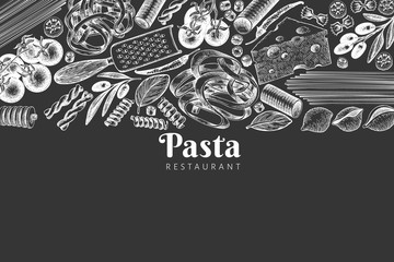 Italian pasta wits additions design template. Hand drawn vector food illustration on chalk board. Engraved style. Vintage pasta different kinds background.