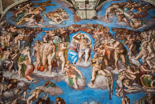 Vatican, Italy - October 6, 2016: Detail Of The Universal Judgement Inside The Sistine Chapel In Vatican City.