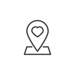 Map pointer with heart line icon. Heart map pin linear style sign for mobile concept and web design. Rendezvous meeting placeholder outline vector icon. Symbol, logo illustration. Vector graphics