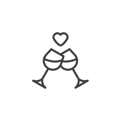 Wine glasses and heart line icon. linear style sign for mobile concept and web design. Champagne Glasses Toasting outline vector icon. Romantic dinner symbol, logo illustration. Vector graphics