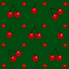 Cherries and flowers on a green background. Vector background image.