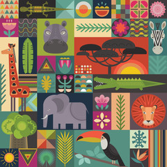 Vector seamless pattern with geometric cartoon African animals, jungle plants and trees. Patchwork mosaic design.