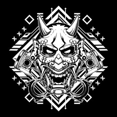 Japanese demon mask with tribal sacred geometry suitable for t-shirt, tank tops, mugs, phone cases, stickers, posters. Vector illustration. Culture objects black and white style