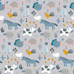 Vector seamless pattern with cute hand drawn farm animals.