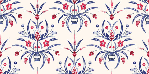 Blue and Red Traditional Damask Chintz Floral Vector Seamless Pattern. Classic Background - obrazy, fototapety, plakaty