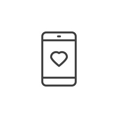 Smartphone with heart display line icon. linear style sign for mobile concept and web design. Mobile phone with heart on screen outline vector icon. Symbol, logo illustration. Vector graphics