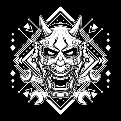 Japanese demon mask with tribal sacred geometry suitable for t-shirt, tank tops, mugs, phone cases, stickers, posters. Vector illustration. Culture objects black and white style