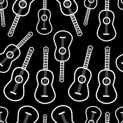 Seamless rock pattern with white guitar on the black background. Ornament for concert banner, poster, card, album cover, website, wrapping paper, packaging. Vector illustration