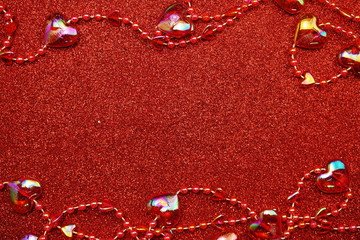 Valentine's day with Red heart Top view on red glitter background