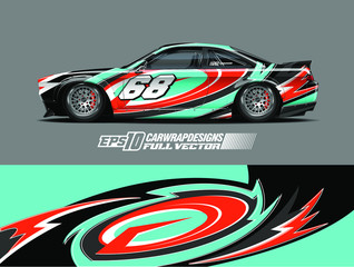 Fototapeta premium Racing car wrap design vector. Graphic abstract stripe racing background kit designs for wrap vehicle, race car, rally, adventure and livery. Full vector eps 10