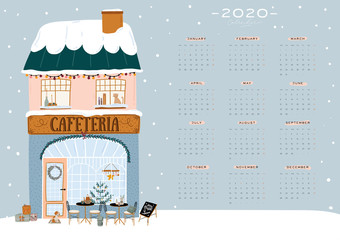 Wall calendar. 2020 Yearly Planner with all Months. Good Organizer and Schedule. Cute winter house background. Motivational quote lettering. Flat vector illustration in trendy style