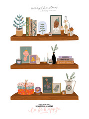 Scandinavian interior - bookshalf with home winter decorations. Cozy holiday season. Cute illustration and Christmas typography in Hygge style. Vector. Isolated.