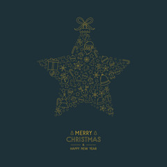 Merry Christmas and Happy New Year. Greeting card with beautiful Xmas star and icons. Vector