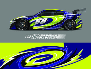 Fototapeta premium Racing car wrap design vector. Graphic abstract stripe racing background kit designs for wrap vehicle, race car, rally, adventure and livery. Full vector eps 10