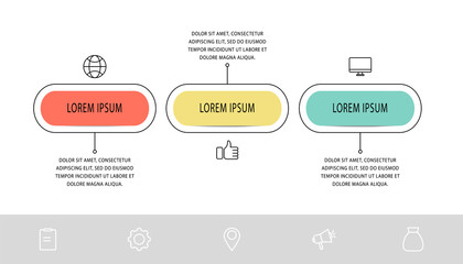 Vector infographic flat template. Shape with icons for three diagrams, graph, flowchart, timeline, marketing, presentation. Business concept with 3 labels