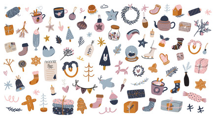 Merry Christmas or Happy New 2020 Year illustration with holiday lettering and traditional winter element. Cute prints in scandinavian style. Good for label, banner, tags or stickers . Vector isolated