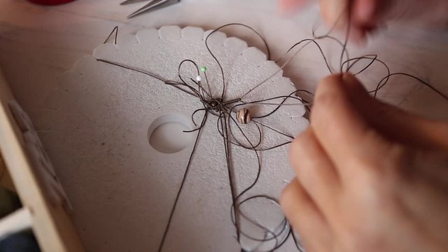 Lifestyle concept, work from home to reinvent your life: close-up detail of woman hands making macrame knotted jewel with some colored thread spools in foreground and bokeh effect filmed in flat color