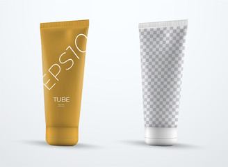 Set of vector mockups of realistic plastic tube for cream or liquid with a cap.