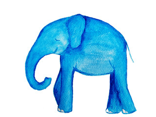 Watercolor drawing of a blue elephant