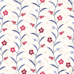 Blue and Red Traditional Trailing Flowers Chintz Vector Seamless Pattern. Classic Background - obrazy, fototapety, plakaty