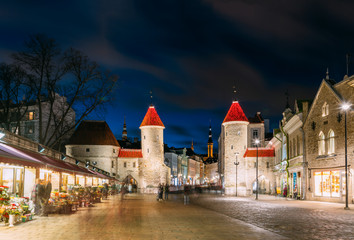 Tallinn, Estonia. Famous Landmark Viru Gate In Street Lighting At Evening Or Night Illumination....