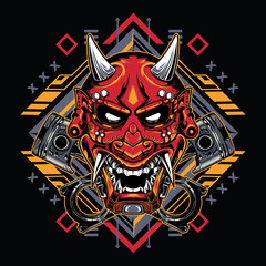 Japanese hannya demon mask with tribal sacred geometry on black backgroun for t-shirt, stickers, posters. Vector illustration. Tattoo arts style