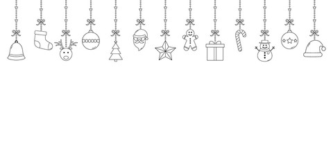 Fototapeta na wymiar Hanging Christmas ornaments on bright background. Festive decoration. Vector