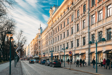 Helsinki, Finland. View Of Pohjoisesplanadi Street In Kluuvi District In Sunny Winter Day