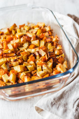 Pumpkin and potatoes with spices. Vegan recipe. Vegan food.