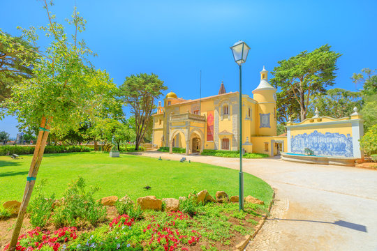 Cascais, Portugal - August 6, 2017: architecture of Castro Guimaraes Museum in gothic, Portuguese and Arabian style. The Castro Museum and Jardim Marechal Carmona, is one of the best sights of Cascais