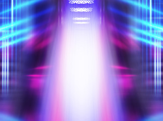 Open elevator doors close-up, neon lights on a dark abstract background. Empty stage in the club