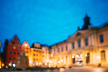 Naklejka premium Stockholm, Sweden. Swedish Academy and Nobel Museum In Old Square Stortorget In Gamla Stan. Abstract Boke Bokeh Background. Design Backdrop