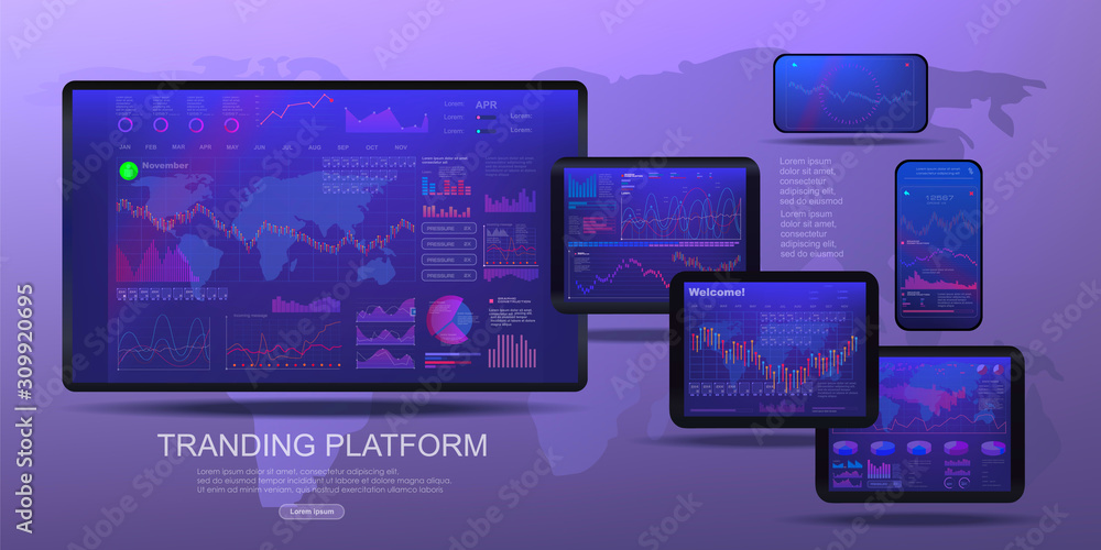 Poster set of electronic screens with analysis and a graph of personal data for managing a remote business.
