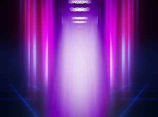 Open elevator doors close-up, neon lights on a dark abstract background. Empty stage in the club