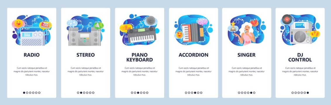 Mobile app onboarding screens. Musical instruments and audio equipment, radio, piano keyboard, singer. Menu vector banner template for website and mobile development. Web site design flat illustration
