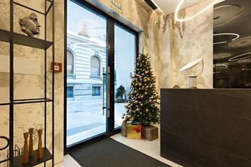 Interior of a hotel lobby with Christmas tree