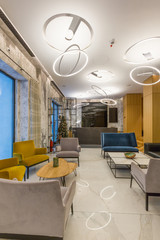 Interior of a hotel lobby with reception desk