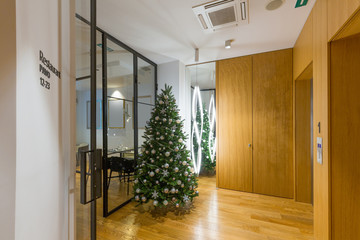 Interior of a hotel lobby with Christmas tree