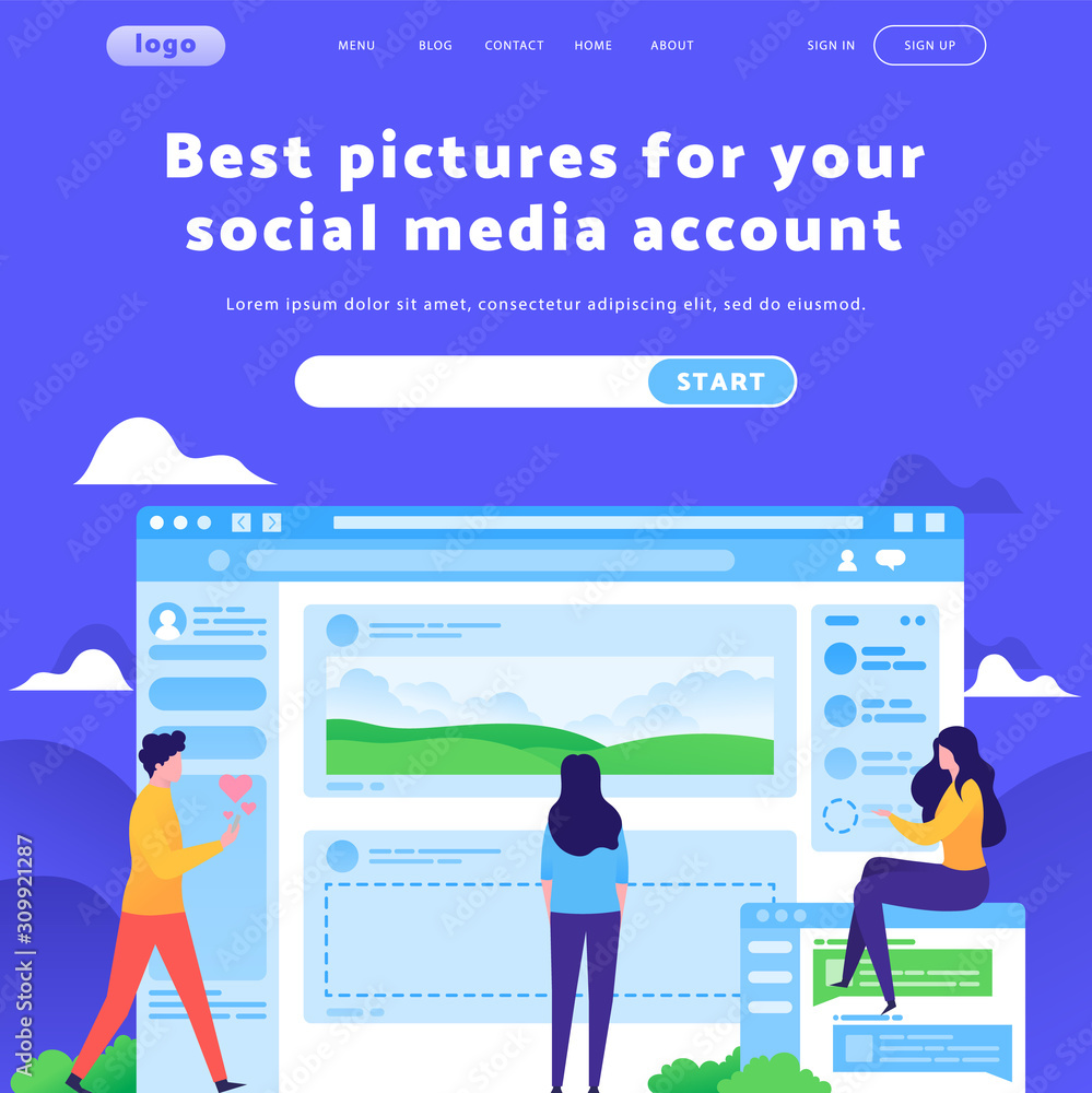 Poster vector web site design template. social media account and posts feed. landing page concepts for webs