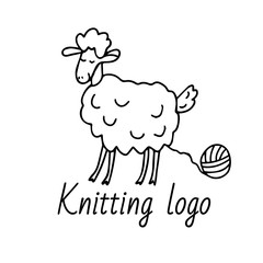 Knitting logo template. A cute sheep with a clew. Knitting hobby in doodle sketch isolated outline. Hand drawn vector illustration in black ink isolated on white background. Doodle style.