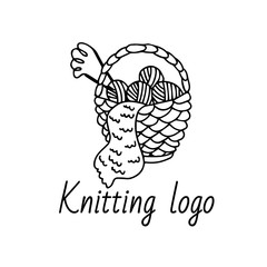 Knitting logo template. A nice wicker basket with clews and knitting needles. Knitting hobby in doodle sketch isolated outline. Hand drawn vector illustration in black ink on white background. 