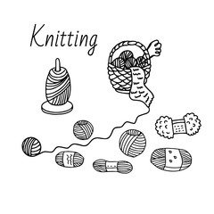 A wicker basket with clews, knitting needles, different sorts of yarn. Favorite hobby concept, knitting handmade work.Vector illustration    isolated on white. Doodle sketch style, outline.