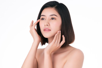 Beautiful Young Asian Woman with Clean Fresh Skin. Face care, Facial treatment, on white background, Beauty and Cosmetics Concept.