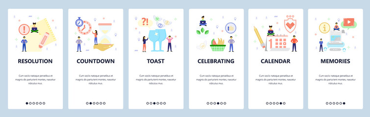 Mobile app onboarding screens. Sandwatch, countdown, holiday, new year, calendar. Menu vector banner template for website and mobile development. Web site design flat illustration