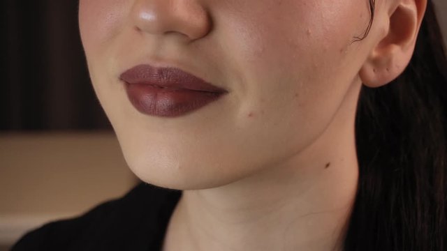 Girl puts lipstick on her lips. Professional makeup.